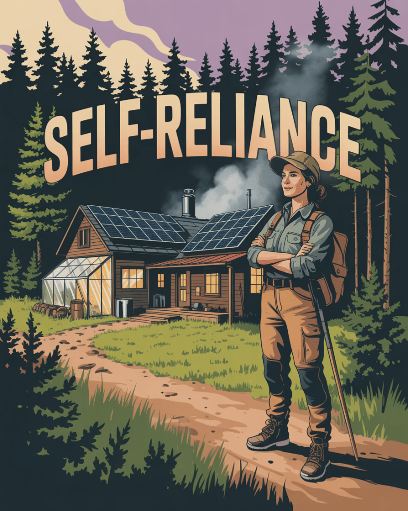 Illustration of a confident woman in outdoor gear standing on a forest path with arms crossed in front of a solar-powered homestead and greenhouse, under the large heading “SELF-RELIANCE”; symbolizes calm, prepared living aligned with the mindful prepping approach described in the article.