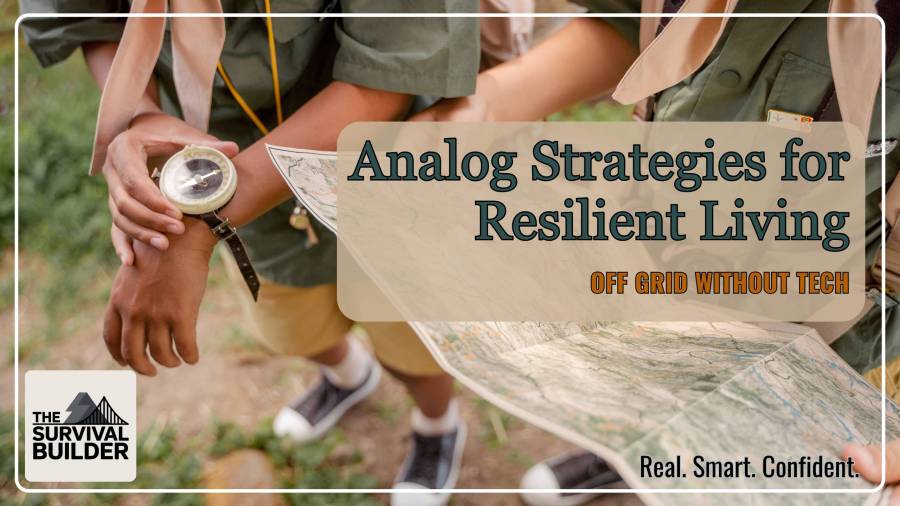 Two scouts use a compass and topographic map to navigate outdoors, symbolizing analog survival skills. Blog header for post on off-grid strategies without technology from The Survival Builder.