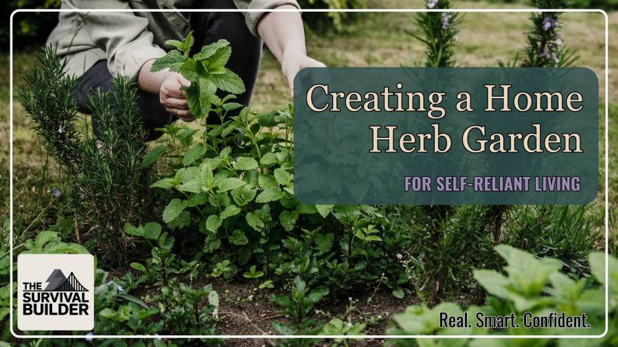 Hands tending rosemary and mint in a backyard herb garden, showing edible herb cultivation. Featured image for a blog post on building a home herb garden for self-reliant living.