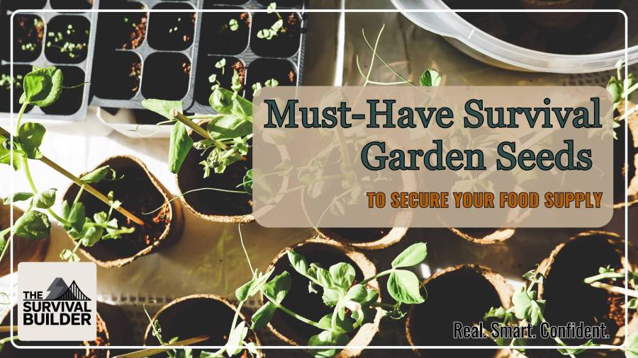 Seedlings sprouting in starter trays and biodegradable pots on a table. Header image for a survival blog post on must-have seeds to build a long-term food supply.