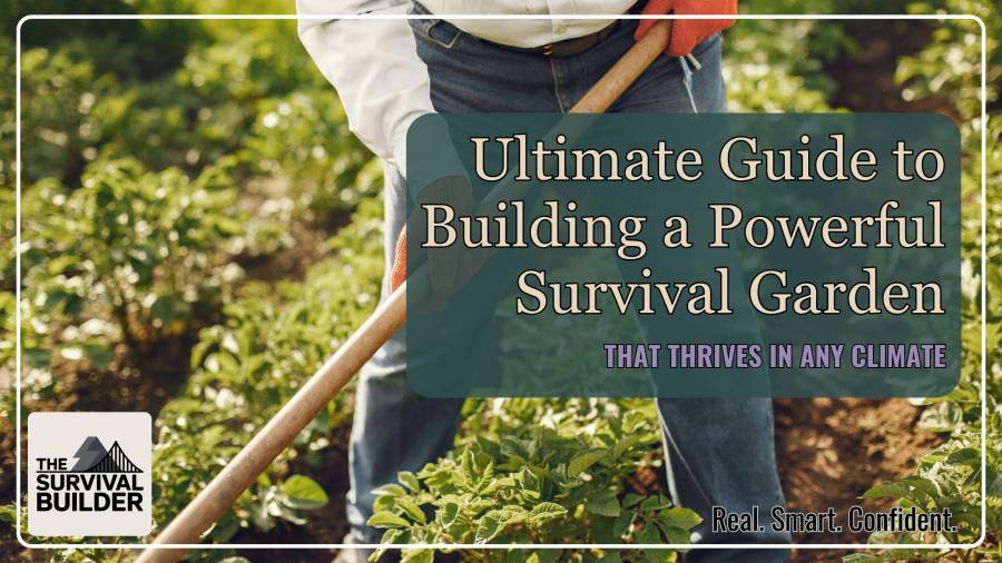 A person hoes a vibrant vegetable garden, representing self-sufficient food production. Banner for a detailed guide on building a survival garden in any climate.