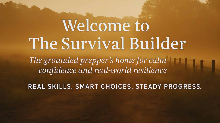 Golden morning light filters through a misty rural field with a dirt path and wooden fence, symbolizing clarity and calm in preparedness. Overlaid text reads “Welcome to The Survival Builder – The grounded prepper’s home for calm confidence and real-world resilience. Real skills. Smart choices. Steady progress.