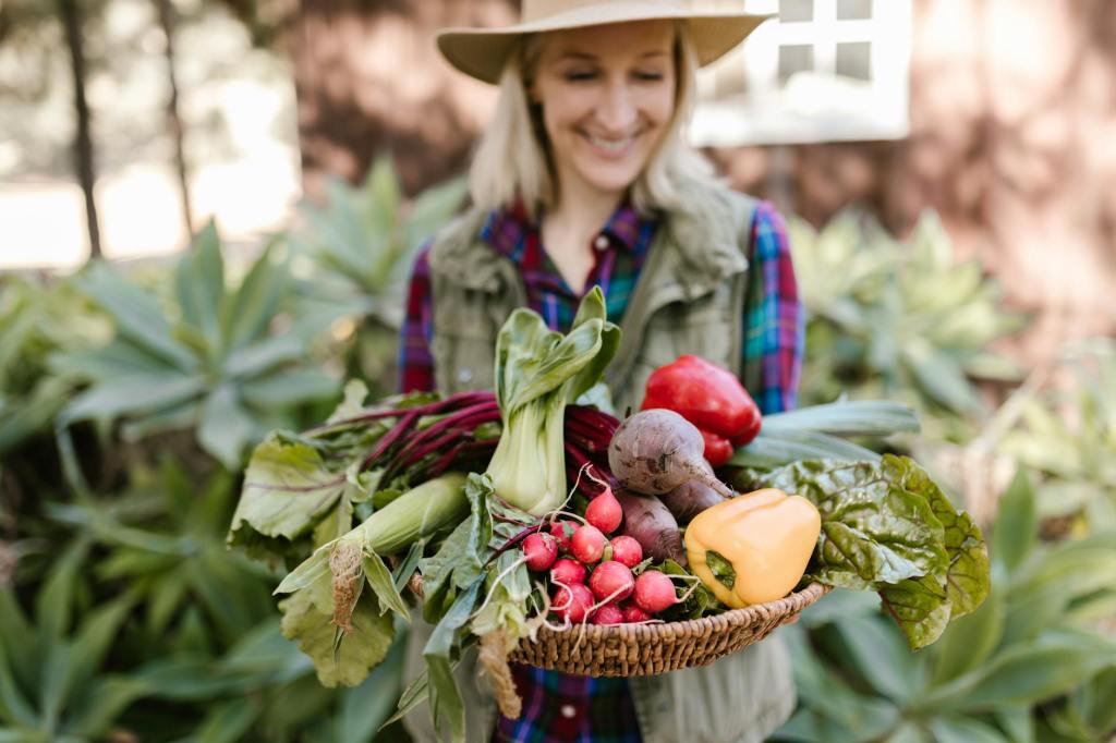 Smiling woman holding basket of garden-fresh produce for self-reliance and food security